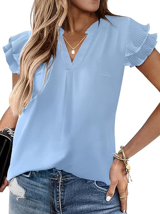 Womens Summer Tops Dressy Casual Work Blouses V Neck Ruffle Short Sleeve Shirts Tunics 2024 | Amazon (US)