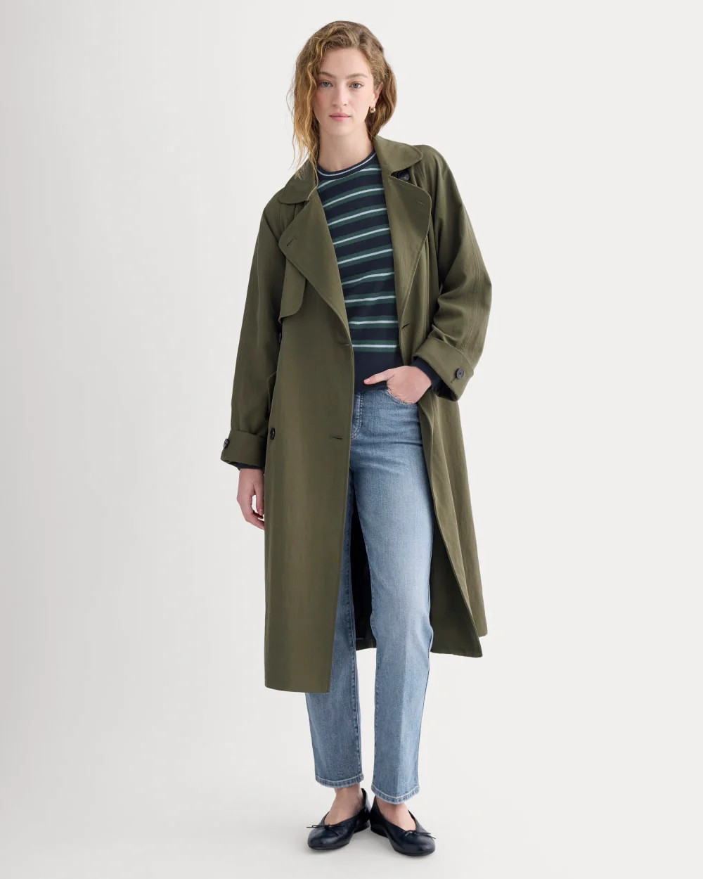 Everlane Drapey Twill Trench Coat In Olive Night, Size XL, Viscose | Everlane