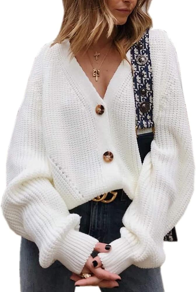 Asskdan Women's V Neckline Button Down Knitwear Lantern Sleeve Basic Knit Cardigan Sweater Tops | Amazon (US)