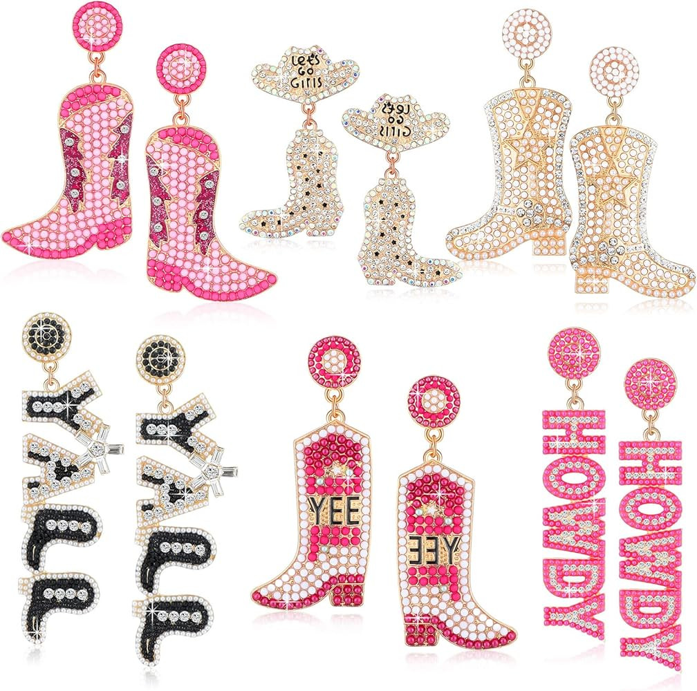 Junkin 6 Pairs Beaded Cowboy Earrings for Women Girls Rhinestone Beads Boot Hat Drop Dangle Earri... | Amazon (US)