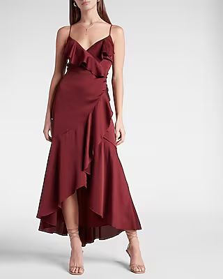 Satin Ruffle Wrap Hi-Lo Maxi Dress | Express