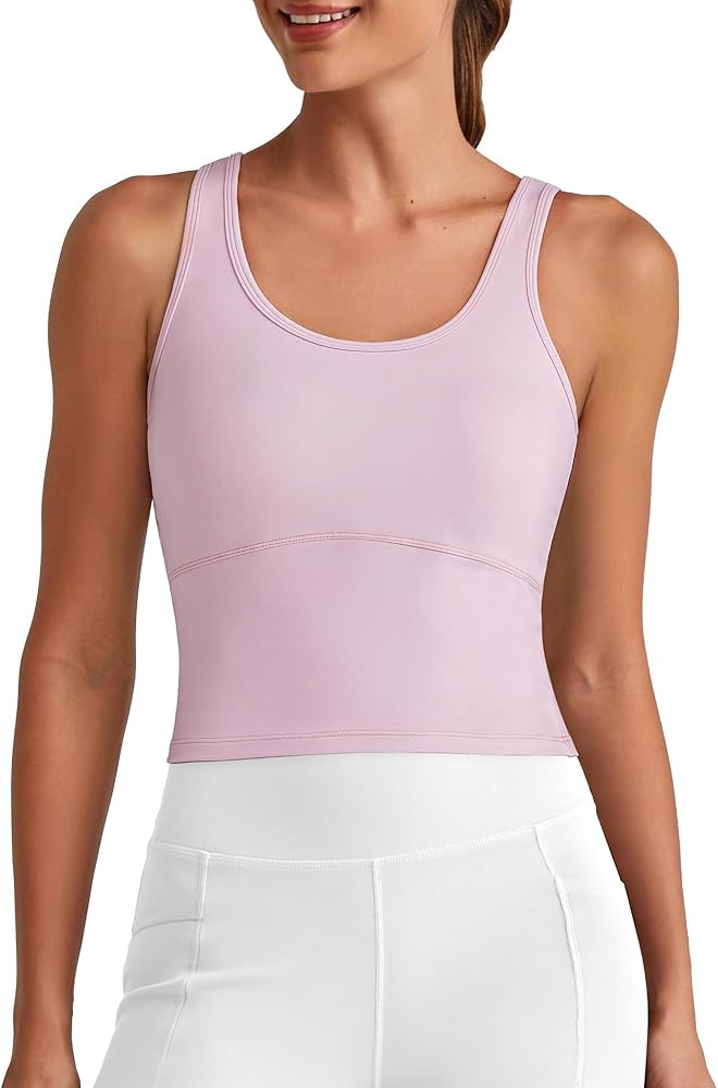 G4Free BareFeel Built in Bra Workout Tank Tops Removable Padded Longline Sports Bras Waist Length... | Amazon (US)