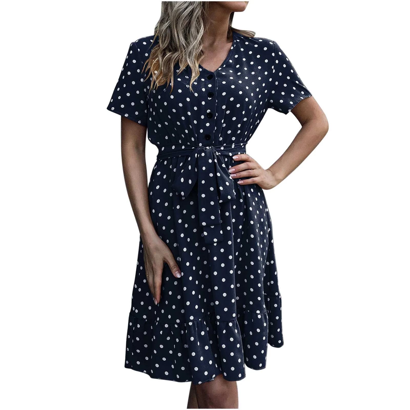 Women's Polka Dot Print Short Sleeved Dress Casual V-Neck Ruffle Hem Polka Bandage Short Dresses ... | Walmart (US)