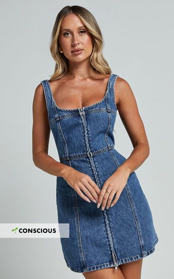 Chrysoula Mini Dress - Square Neck Zip Front Sleeveless Bodycon Denim in Mid Blue Wash | Showpo (US, UK & Europe)