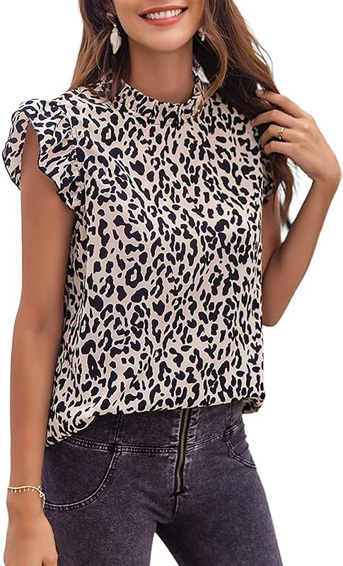 Avanova Women's Ruffle Cap Sleeve Frill Mock Neck Babydoll Blouse Casual T Shirt Tops | Amazon (US)