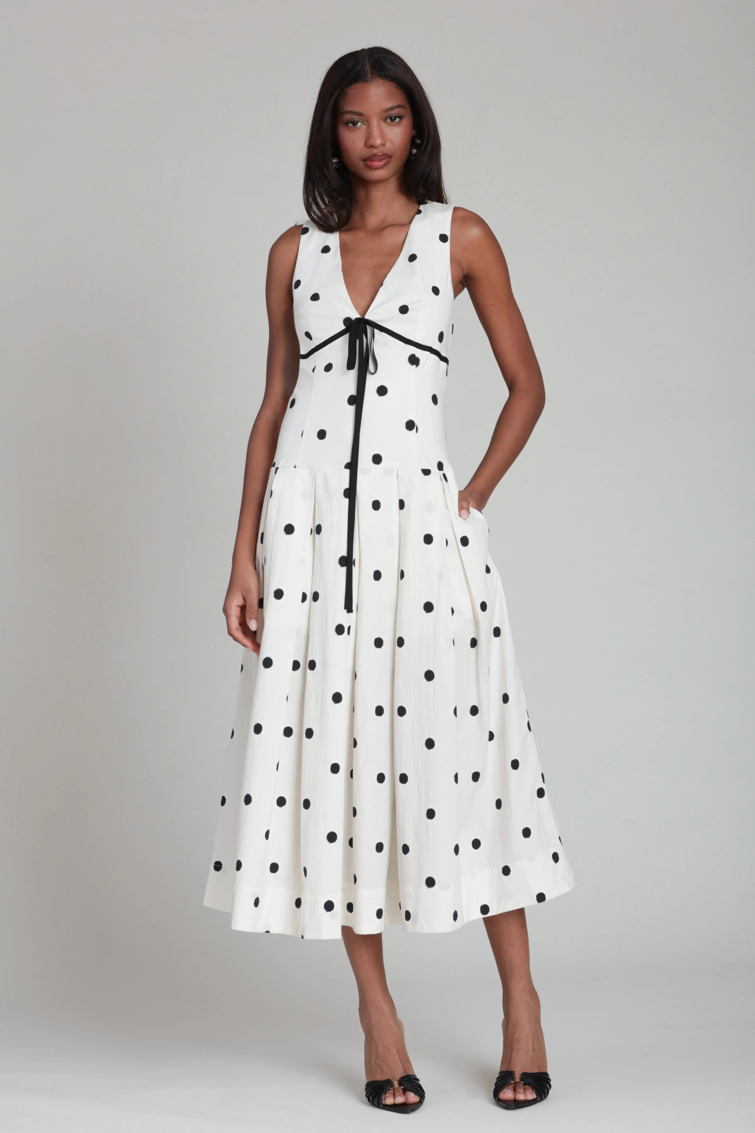 Polka Dot Stretch Cotton Empire Midi Dress | Avec Les Filles