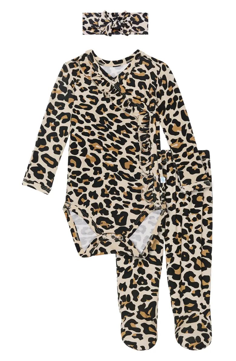 Lana Leopard Print Ruffle Bodysuit, Footed Pants & Headband Set | Nordstrom