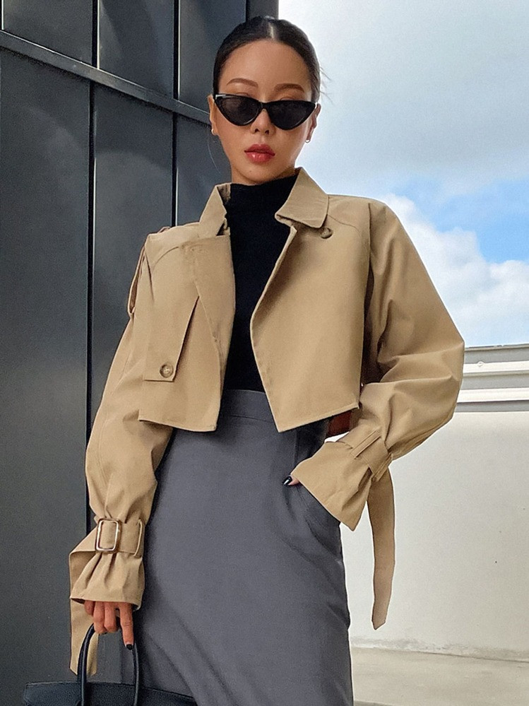 DAZY Buckle Raglan Sleeve Epaulettes Design Crop Trench Coat,Fall Clothes Women Jacket | SHEIN
