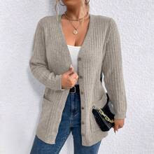 Plus Size Women Long Sleeve Single-Breasted Dual Pocket Casual Solid Color Knit Cardigan, Autumn/Winter | SHEIN