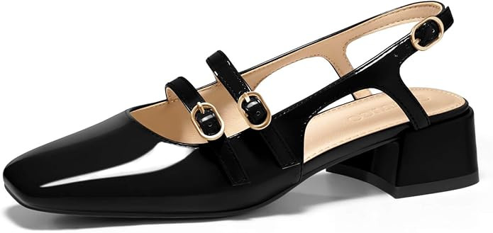 Coutgo Womens Mary Jane Chunky Low Heels Slingback Pumps Closed Square Toe Wedding Dress Shoes | Amazon (US)