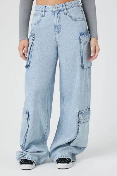 Rhinestone Wide-Leg Cargo Jeans | Forever 21 (US)