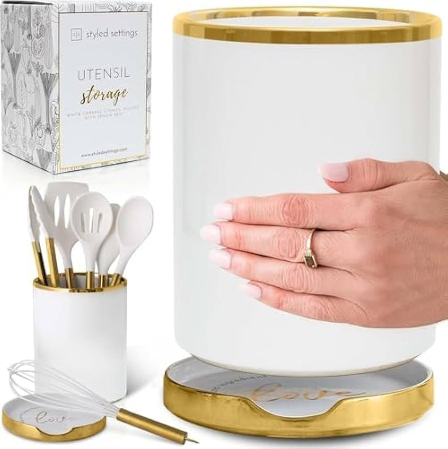 White Utensil Holder with Built-In Ceramic Spoon Rest - 2-Piece Luxe White and Gold Spatula Holde... | Amazon (US)