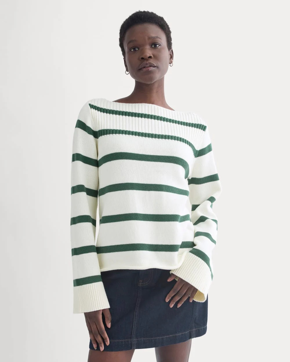 Striped Boatneck Sweater in Everyday Cotton | Hunter Green/Bone | Everlane