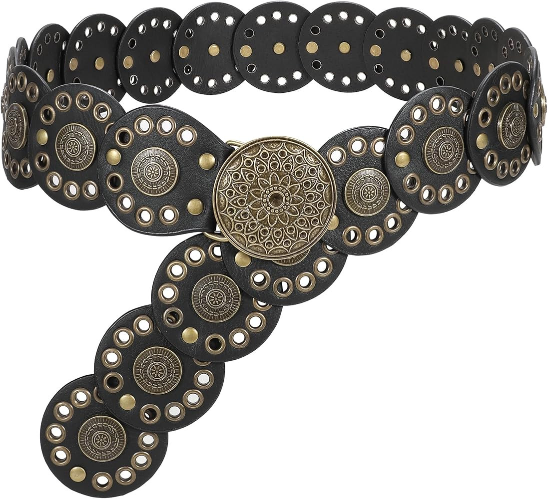 WHIPPY Western Belts for Women Vintage Disc Waist Belts Concho Leather Belts Boho Waist Belt for ... | Amazon (US)