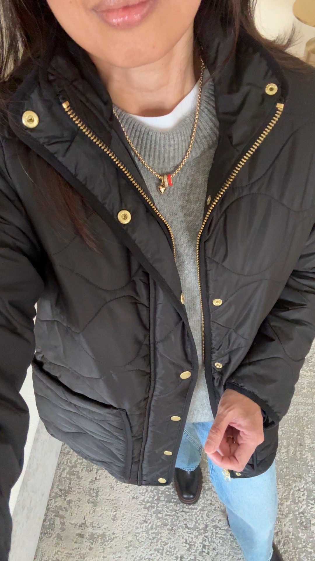 Winter outfits women  Quilted jacket has been restocked in all sizes. Chic style and warmer than it looks. It’s what I wear lately when I don’t need my big puffer coat. 
I sized up. 
Cashmere sweater crewneck. I would size up for a more oversized fit if I were to repurchase. 
Charm necklace. 
Straight leg relaxed jeans- I sized up. 
Waterproof boots in classic Chelsea style. These are still going strong at 3-4 years old. True to size or size up if in between  

#LTKFindsUnder100 #LTKootd #LTKOver40