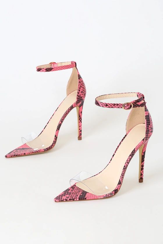 Nyasia Neon Pink Snake Pointed-Toe Ankle Strap Heels | Lulus