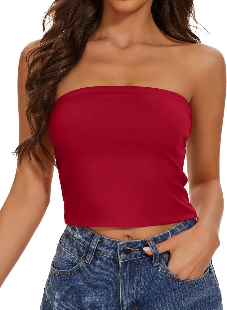 Womens Tube Tops Summer Strapless Crop Top Basic Double Layered Bandeau Tank Casual Short Shirts | Amazon (US)