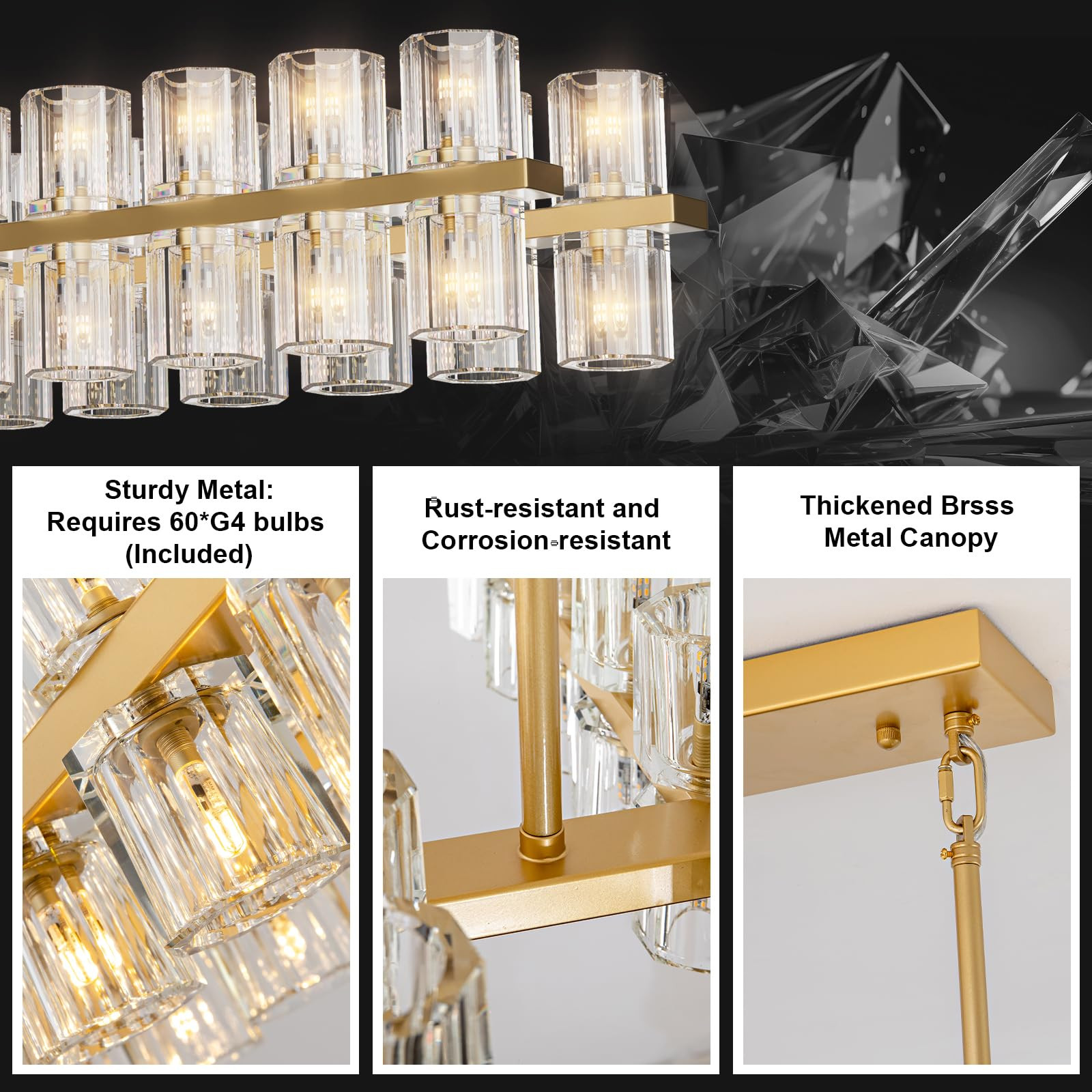 Crystal Brass Rectangle Chandeliers for Dining Room, 54in Gold Farmhouse Chandeliers for Dining R... | Amazon (US)