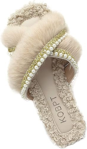 KOBPT Women's Slippers Fluffy Plush Cozy Open Toe Cross Band Indoor Outdoor Shoe | Amazon (US)