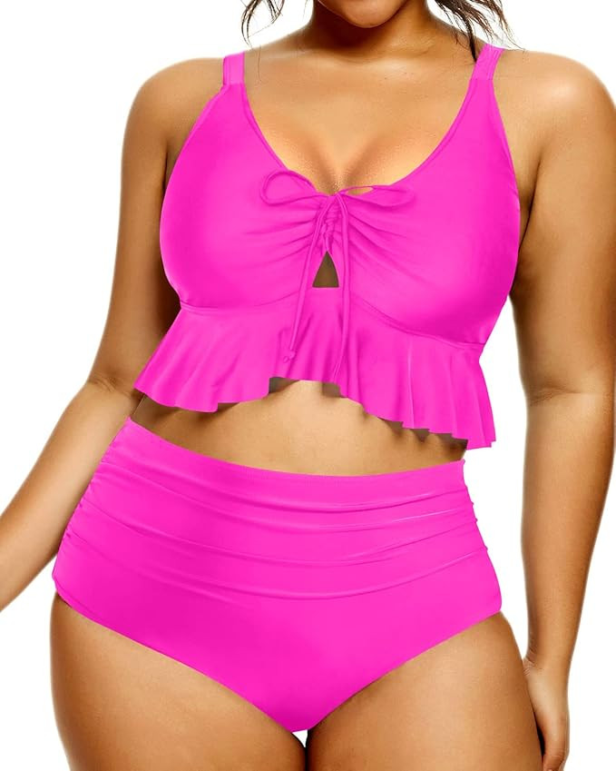 Daci Women Plus Size Two Piece Swimsuits High Waisted Bikini Set Ruffle Flounce Tummy Control Bat... | Amazon (US)
