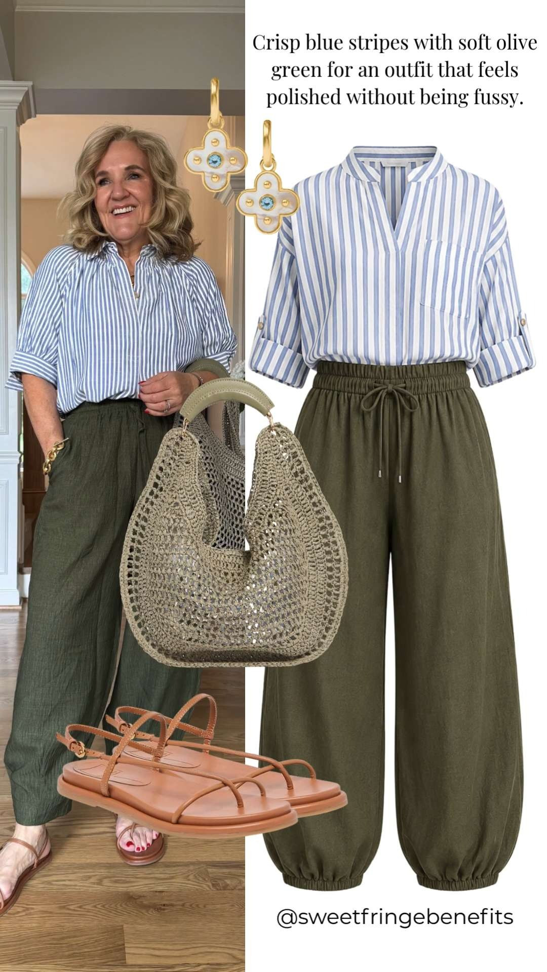 This blue striped blouse paired with olive green pants feels fresh, effortless, and perfect for warm-weather dressing. It's the kind of outfit that looks put together but still feels comfortable enough for a full day of errands, lunch with friends, work meetings, or travel days. 

 #LTKootd #LTKSeasonal #LTKWorkwear