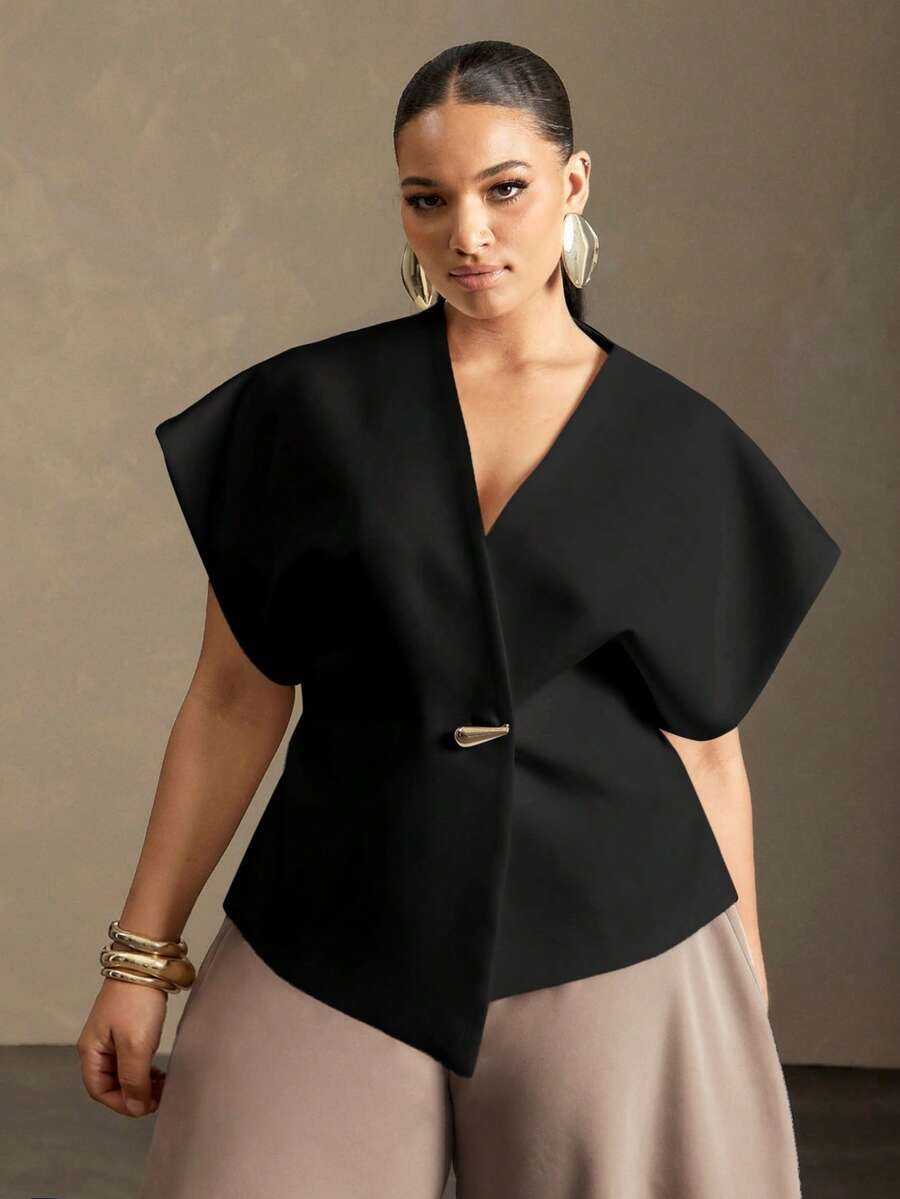 Vixey Solid Textured Woven Asymmetrical Hem Single Button Waistcoat Top, Business Casual, Office, Office Chic, Elevated Essentials, Work To Weekend | SHEIN