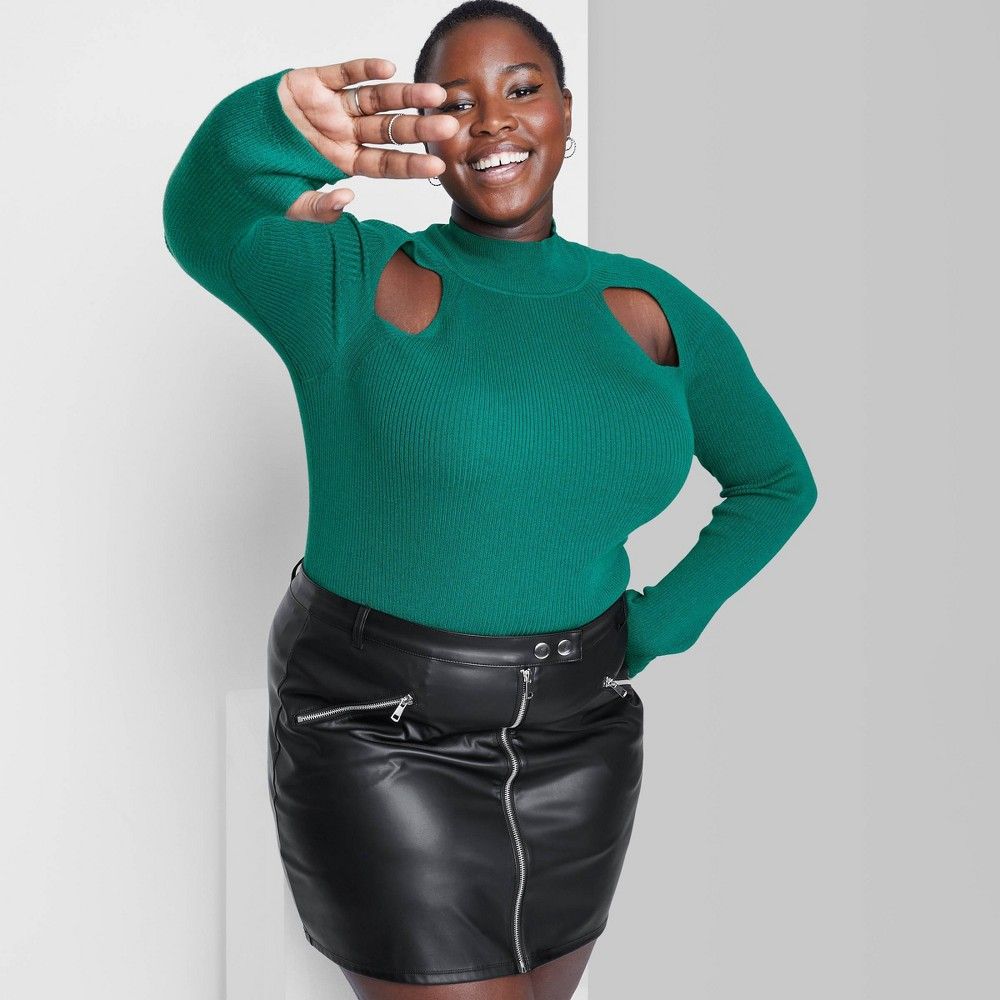 Women's Plus Size Mock Turtleneck Fitted Cut Out Pullover Sweater - Wild Fable Dark Teal Green 2X | Target