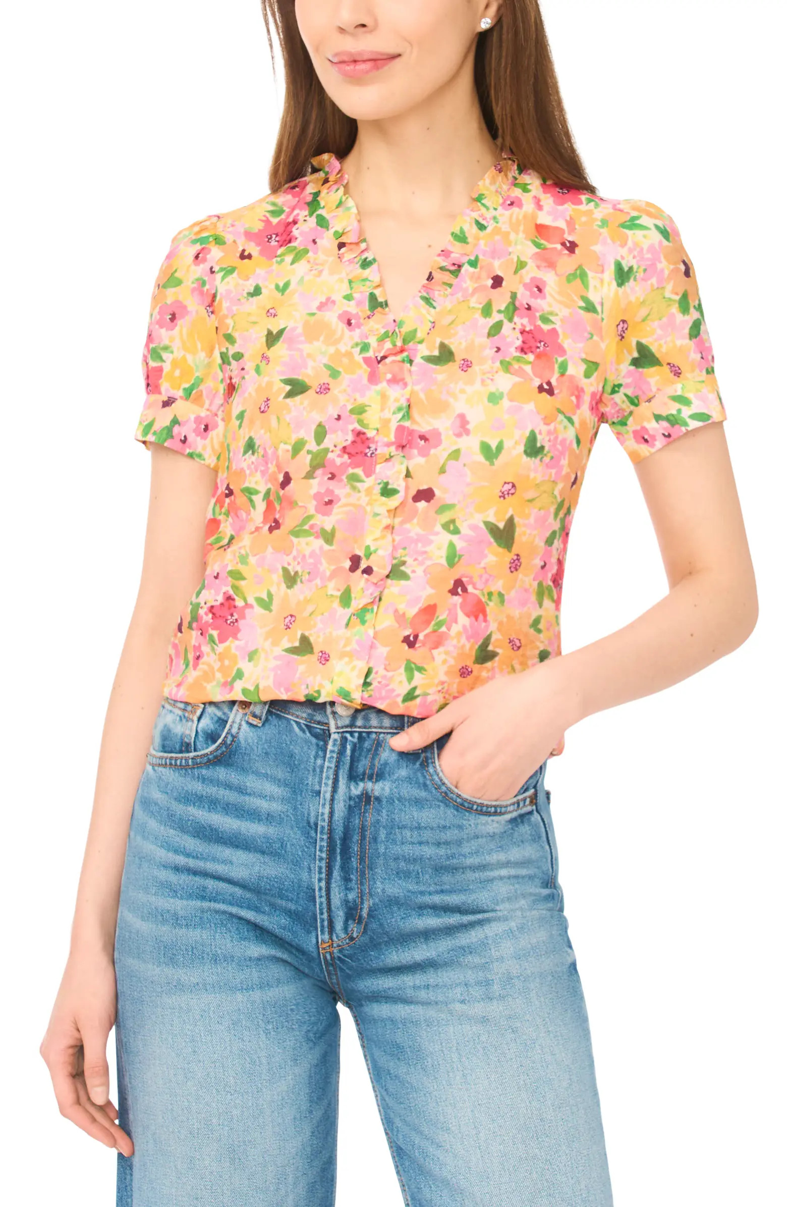 Floral Ruffle Trim Button-Up Top | Nordstrom