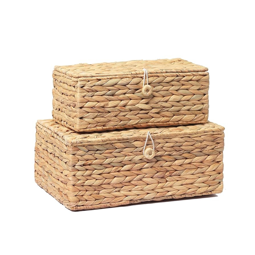 Set of 2 Rectangular Wicker Storage Bins with Lid, Rattan Basket Decorative Boxes, Multipurpose O... | Amazon (US)