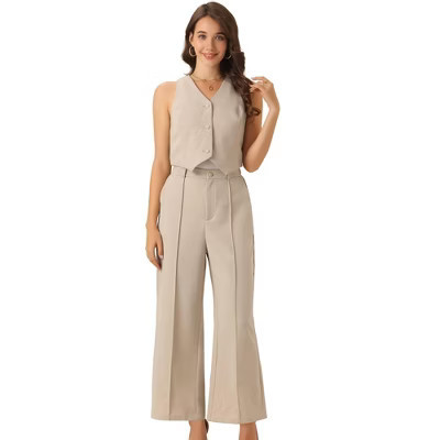 INSPIRE CHIC Women's Sleeveless V-Neck Button Down Back Elastic Wide Leg Pantsuits Apricot Small | Target