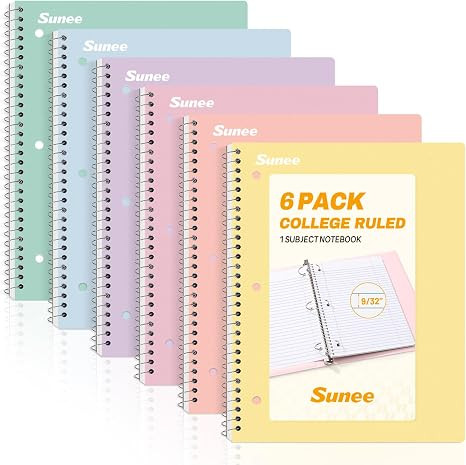 SUNEE Spiral Notebooks, 6 Pack, 1-Subject, College Ruled Paper, 8" x 10-1/2", 70 Sheets per Noteb... | Amazon (US)