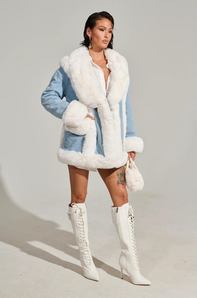 SITTING PRETTY FUR TRIM DENIM COAT | AKIRA