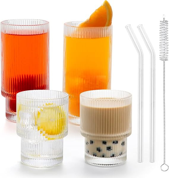 Ribbed Drinking Glasses, Origami Style Glass Cup Set of 4, Ripple Vintage Glassware for Cocktail ... | Amazon (US)