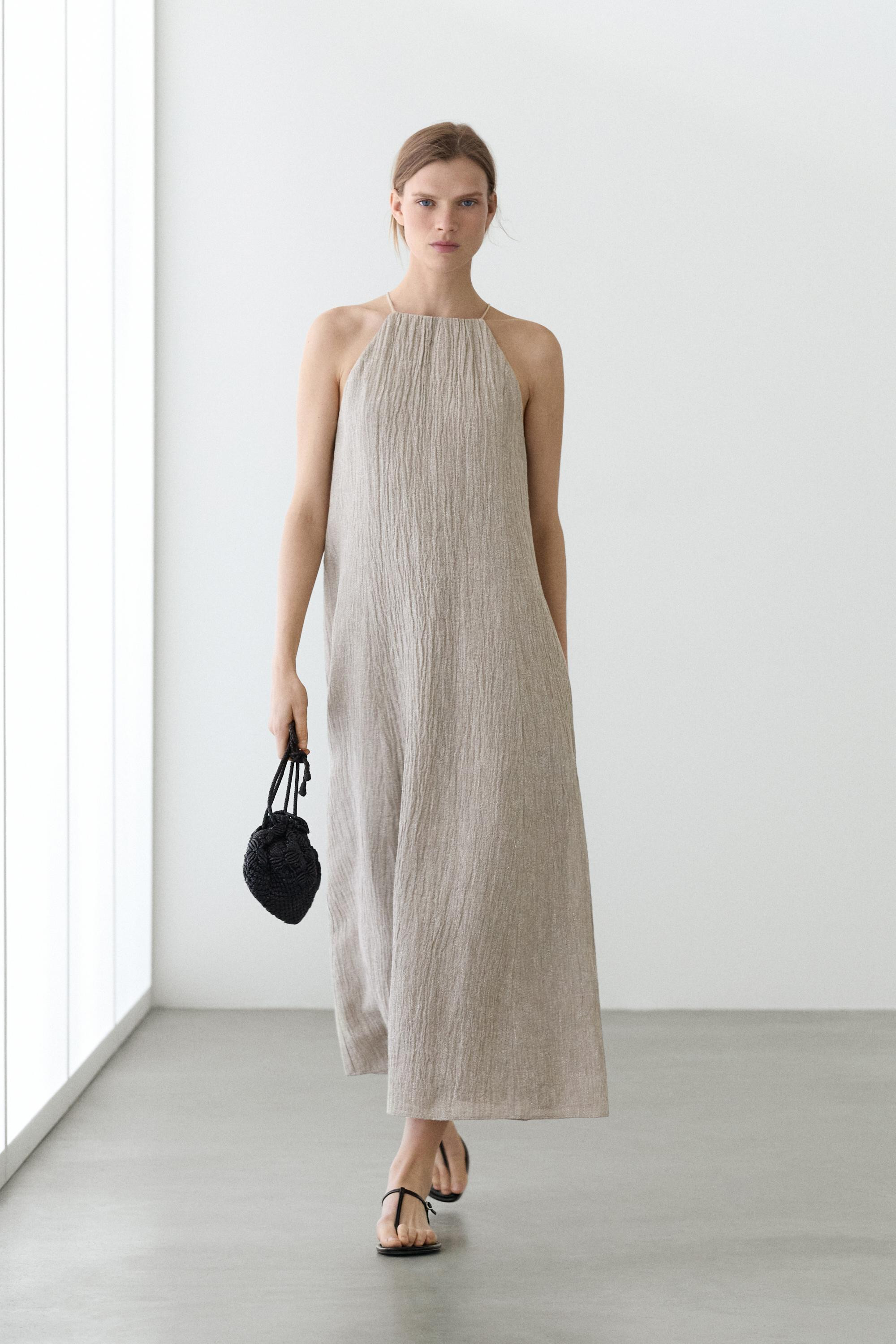 Flowing linen blend dress with gathered neckline | Massimo Dutti US