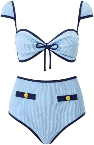 Womens High Waisted Bikini Sets Tummy Control Swimsuits Retro Color Block Bathing Suit Clasp Back... | Amazon (US)