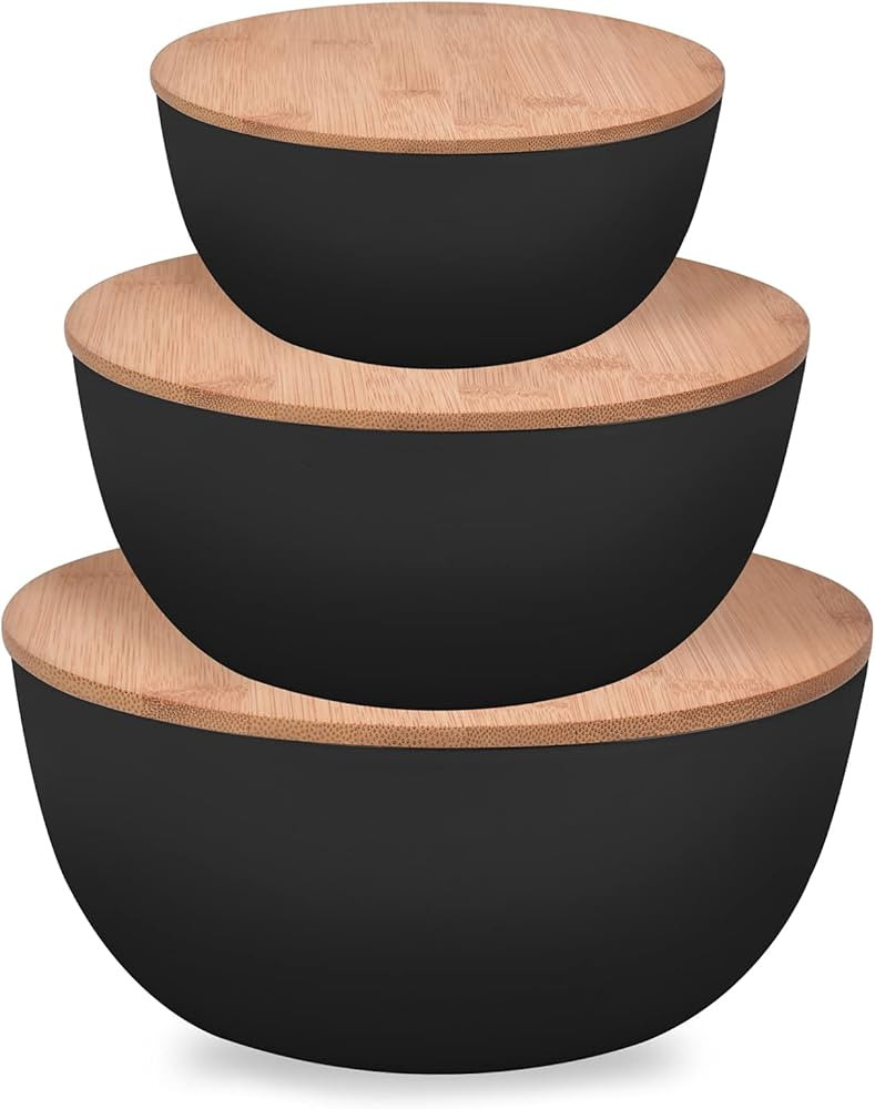 Panghuhu88 Salad Bowl with Lid, Set of 3 (7" + 8.8" + 11") Serving Bowl with Bamboo Cover, Bamboo... | Amazon (US)