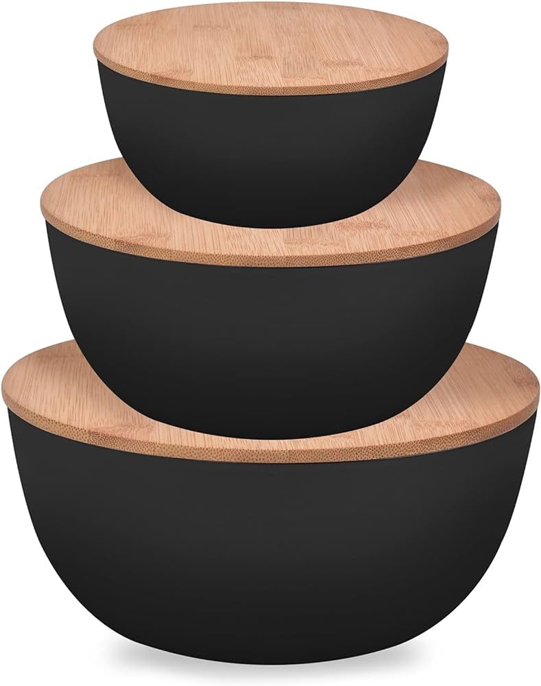 Panghuhu88 Salad Bowl with Lid, Set of 3 (7" + 8.8" + 11") Serving Bowl with Bamboo Cover, Bamboo... | Amazon (US)