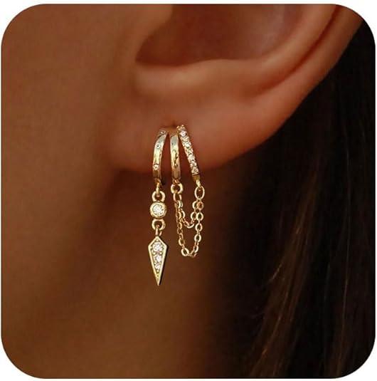 Dangle Earrings for Women,14k Gold Plated Triple Huggie Stud Earrings Cute Statement Chain Earrin... | Amazon (US)