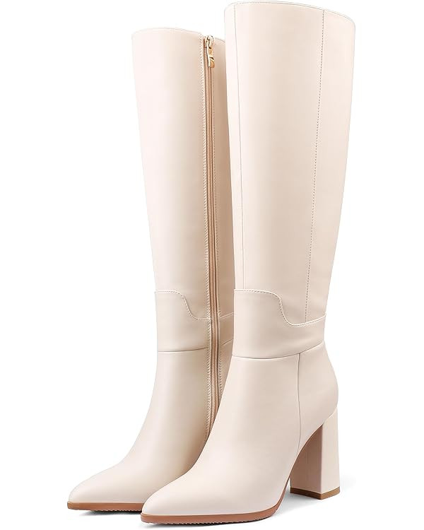 Dance&Style Women's Leather Boots Block Heels Shoes Fall Boots Knee High | Amazon (US)