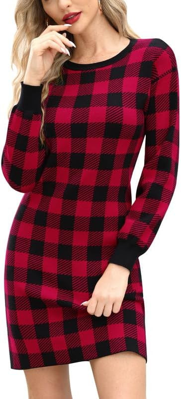 Spadehill Women Casual Crew Neck Knit Plaid Pullover Sweater Dress | Amazon (US)