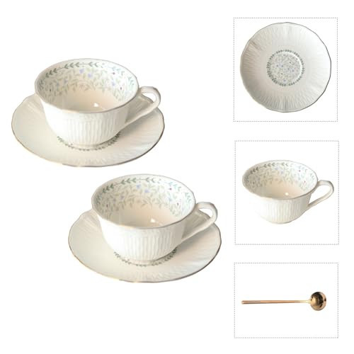 POWDONUNT Vintage Floral Porcelain Tea Cup and Saucer Set with Gold Trim, Spoon, Espresso, Coffee, Gift Boxes (2, Light Blue) | Amazon (US)
