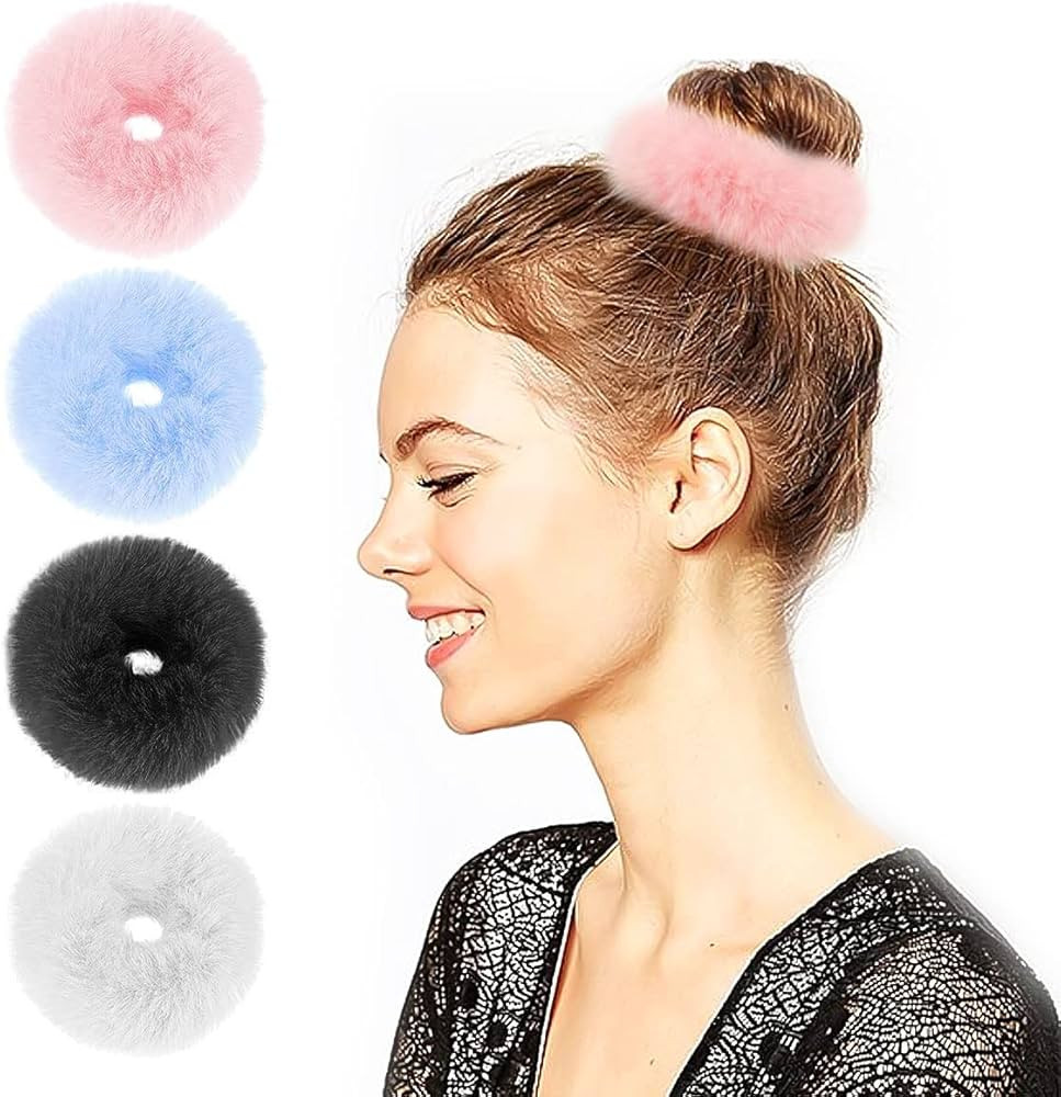 4 Pieces Fuzzy Scrunchies,Furry Fluffy Faux Fur Scrunchies,Pom Pom Hair Tie for Women Girls,Ponyt... | Amazon (CA)