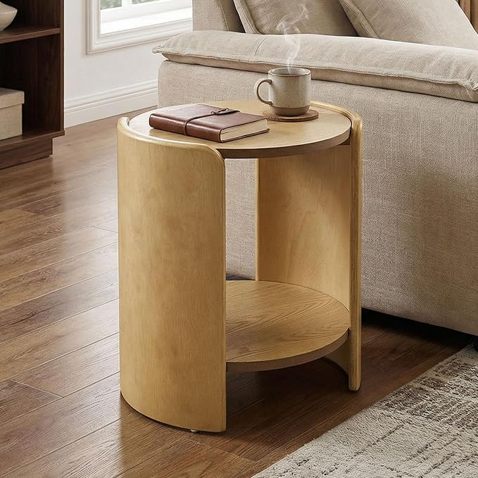 Natural Oak Side Table, 2-Tier Round Wood End Table with Storage Shelf | Easy Assembly Modern Sma... | Amazon (US)