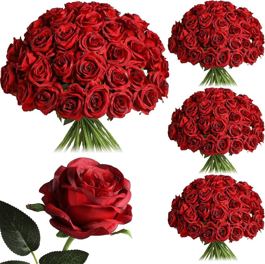 Nubry 50pcs Artificial Burgundy Roses Bulk, Fake Red Roses Flower with Stems Realistic Flowers fo... | Amazon (US)