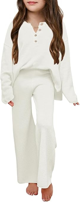 Haloumoning Girls 2 Piece Outfit Set Long Sleeve Button Knit Pullover Sweater Top and Wide Leg Pa... | Amazon (US)