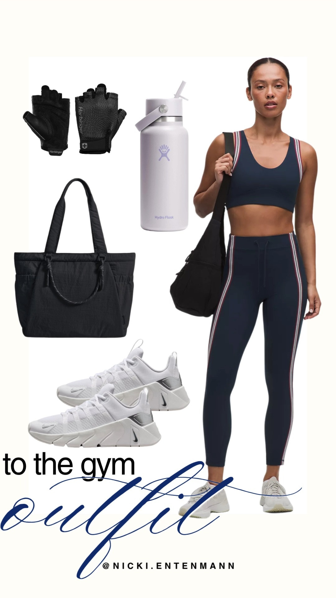 This sleek navy activewear set features red and white side stripes for a sporty, preppy look. Pair it with a black quilted gym tote, crisp white Nike sneakers, fingerless weightlifting gloves, and a lavender Hydro Flask for a functional, coordinated workout aesthetic.

#gymoutfit #athleisure #workoutstyle #preppycasual #activewear #everydaystyle 

 #LTKootd #LTKfitnessgoals #LTKActive