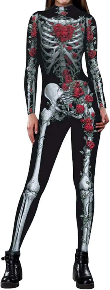 ALBIZIA Women's Skull Skeleton Halloween Costume Jumpsuit Bodysuit Bodycon Outfit | Amazon (US)