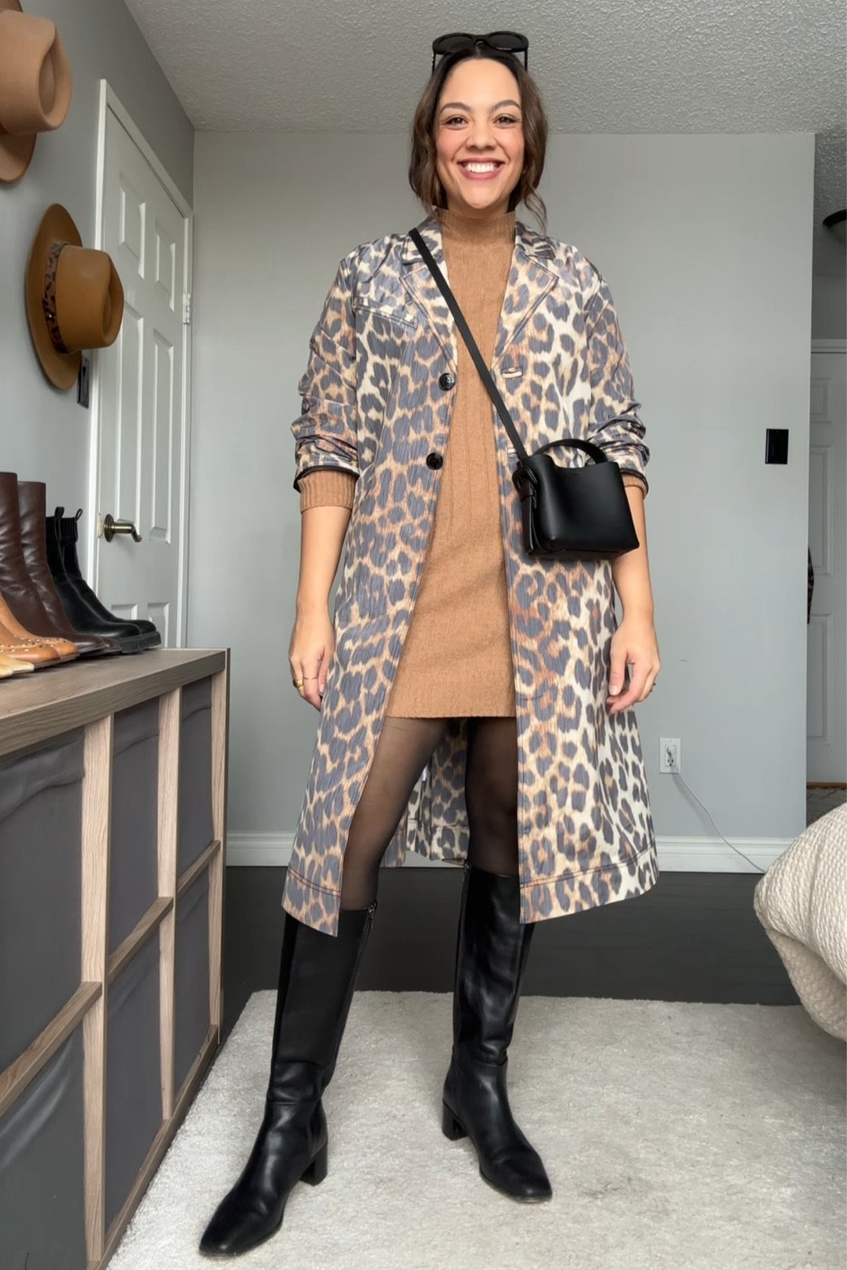 Styling a leopard print trench coat! Details below:
-Ganni leopard print trench coat. I have a size 40. 
-Madewell tan Mockneck knit mini dress, I have a medium. 
-H&M black tights, I have a large. 
-Arket black crossbody mini bag. 
-Madewell black knee high leather boots  
-Celine Triomphe sunglasses. 

#LTKMostLoved #LTKstyletip #LTKSeasonal
