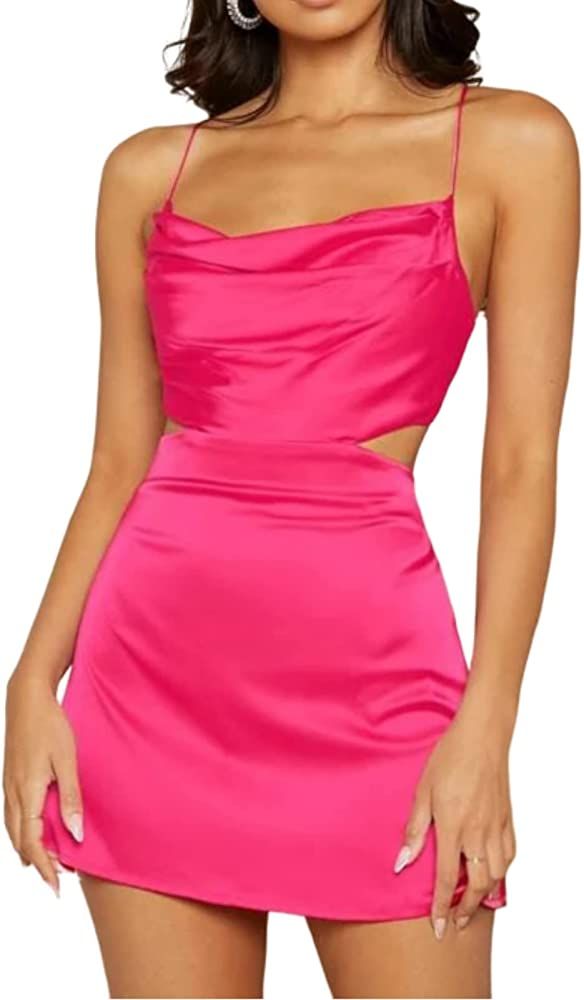 Women's Sexy Cowl Neck Cutout Crisscross Tie Back Zip Satin Cami Mini Dresses for Cocktail Club N... | Amazon (US)