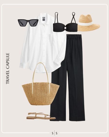 Summer Vacation Travel Capsule Wardrobe outfit idea | black linen pants, white button up, black bikini, nude strap sandals, straw tote bag, straw sun hat, sunglasses

See the entire Summer Vacation Travel Capsule Wardrobe on thesarahstories.com ✨ 


#LTKStyleTip